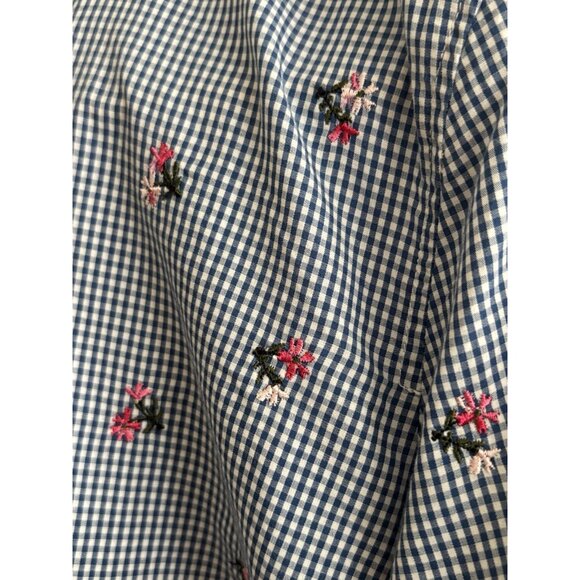 Talbots Floral Embroidered Gingham Blue White Check Roll Tab Sleeve Shirt Large - Picture 5 of 11